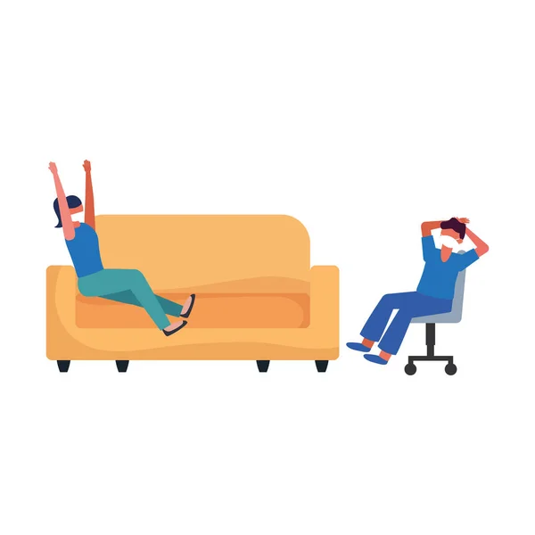 Femme et homme avec masque sur canapé et chaise design vectoriel — Image vectorielle