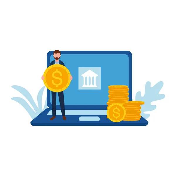 Man avatar met laptop en bank vector ontwerp — Stockvector