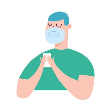 Tıbbi maskeli ve akıllı telefon vektör tasarımlı bir adam.