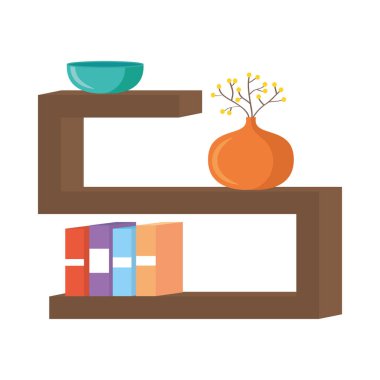 Kitaplı raflar ve saksı vektör tasarımının içinde çiçek