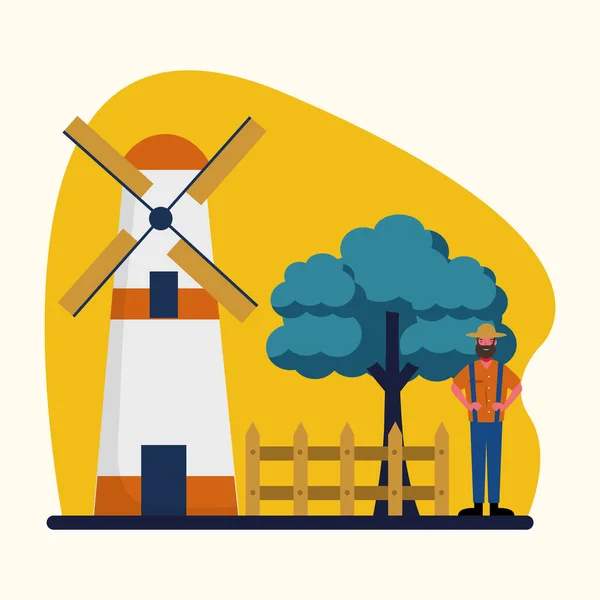 庭師の男フェンス風車と木のベクトルデザイン — ストックベクタ