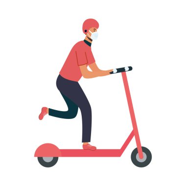 Scooter vektör tasarımında maske takan izole teslimatçı.