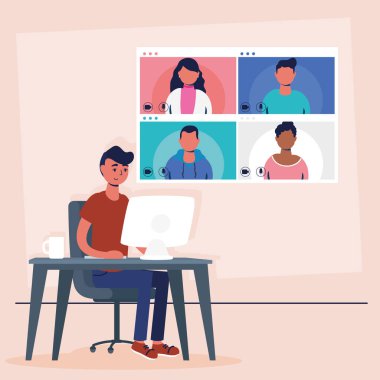 Sanal konferans iletişiminde masaüstünü kullanan adam