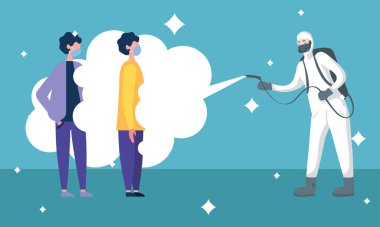 Koruyucu elbiseli bir adam çocukların vektör tasarımını spreyliyor.