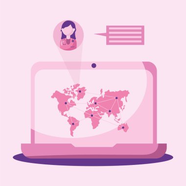 Dizüstü bilgisayarı ve dünya haritası tasarımı olan çevrimiçi kadın doktor