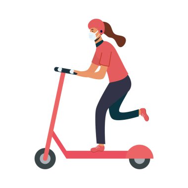 Scooter vektör tasarımında maske takan yalnız bir teslimatçı kadın.