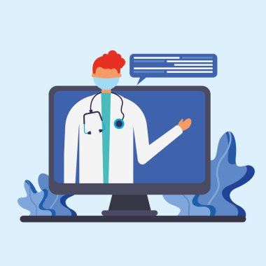 Bilgisayar vektör tasarımında maskeli online erkek doktor