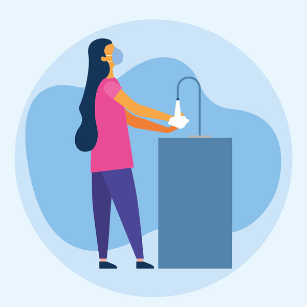 Женщина в медицинской маске моет руки векторным дизайном
