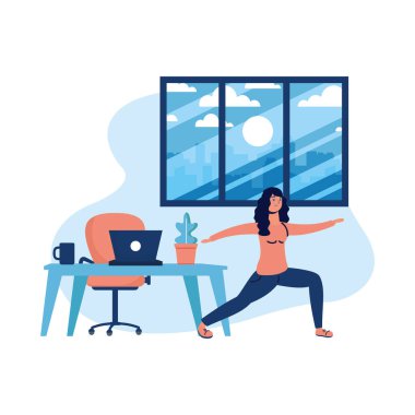 Kadın masa başı vektör tasarımında yoga ve dizüstü bilgisayar yapıyor.