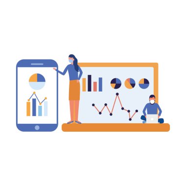 Akıllı telefon ve dizüstü bilgisayar vektör tasarımında maskeli ve bilgili kadın ve erkek