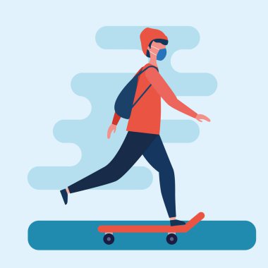 Kaykay vektör tasarımında tıbbi maskeli bir adam.