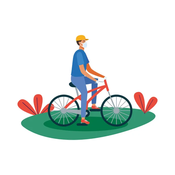 Hombre con máscara médica en el diseño de vectores de bicicleta — Vector de stock