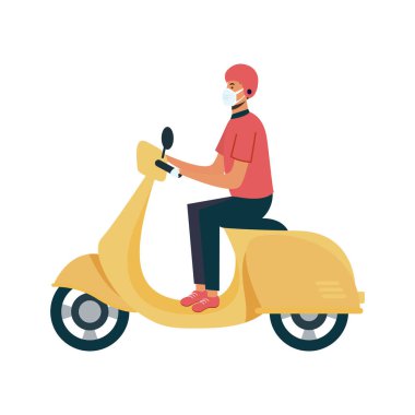 Motosiklet vektör tasarımında maskeli izole teslimatçı.