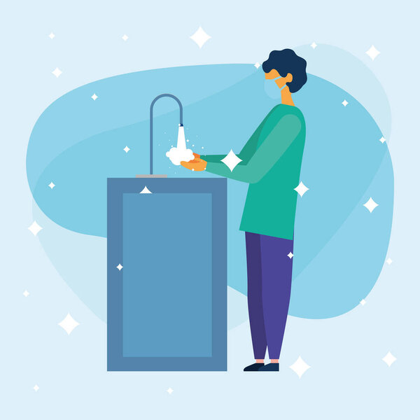 Мужчина в маске моет руки векторным дизайном
