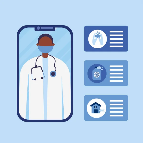 Online-Arzt mit Maske auf Smartphone und Icon-Set-Vektor-Design — Stockvektor