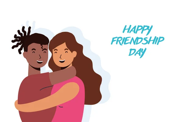 友情の日のお祝いで若い異人種間のカップルの文字 — ストックベクタ