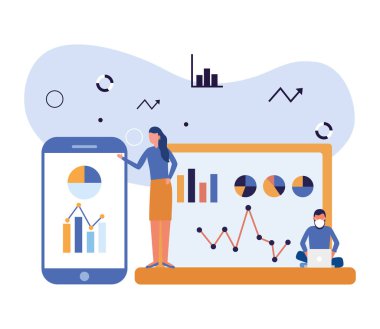 Akıllı telefon ve dizüstü bilgisayar vektör tasarımında maskeli ve bilgili kadın ve erkek