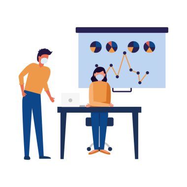 Masa ve tahta vektör tasarımında maskeli kadın ve erkek