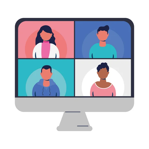 Mensen op websites in video chat op computer vector ontwerp — Stockvector