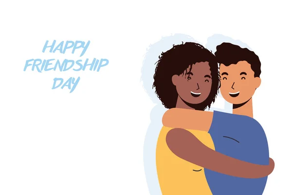 Jóvenes interracial pareja personajes en la amistad día celebración — Vector de stock