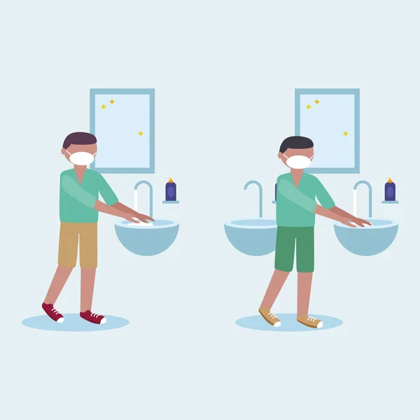 Чоловіки з масками миють руки на водопровідному крані Векторний дизайн — стоковий вектор