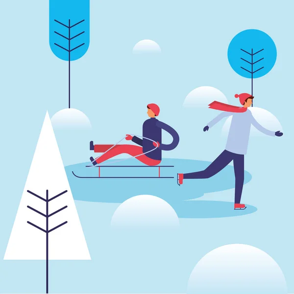 Hommes à neige avec un design vectoriel de traîneau — Image vectorielle