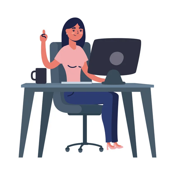 कंप्यूटर वेक्टर डिजाइन के साथ डेस्क पर महिला — स्टॉक वेक्टर
