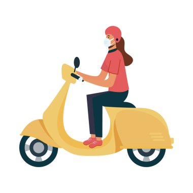 Motosiklet vektör tasarımında maskeli yalnız teslimatçı kadın.