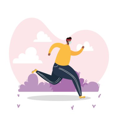 Kampta sağlık maskesi takan Afro adam spor yapıyor.