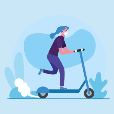 Scooter vektör tasarımında tıbbi maskeli kadın