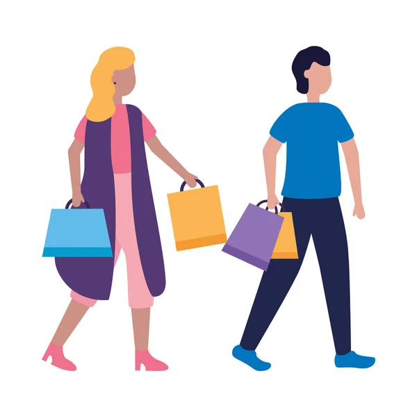 Femme et homme avatar avec sacs à provisions design vectoriel — Image vectorielle