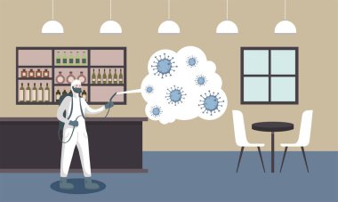 Koruyucu kıyafetli bir adam restoranı covid 19 vektör tasarımı ile spreyliyor.