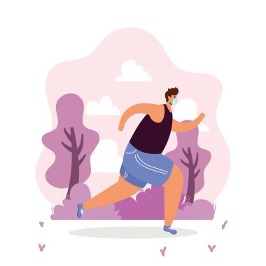 Kampta tıbbi maske takan bir adam spor yapıyor.