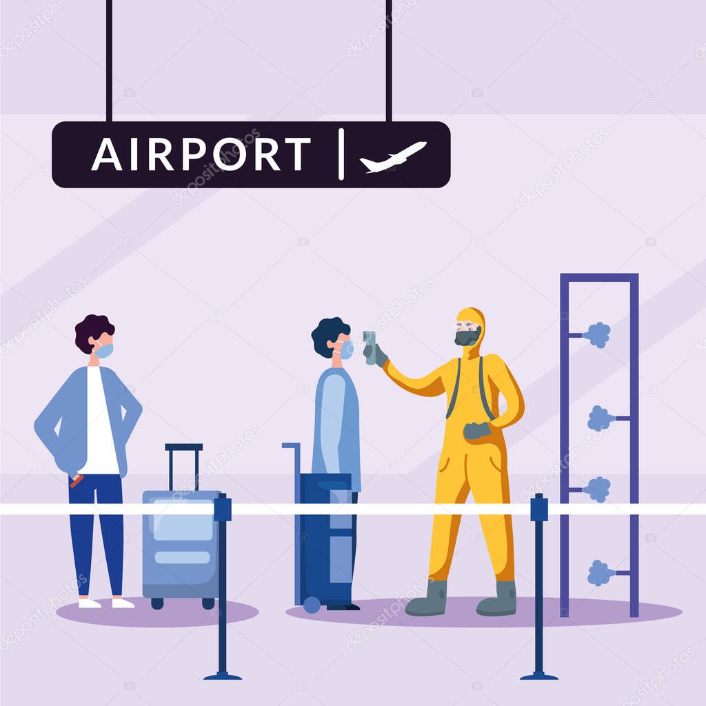 Hand holding thermometer gun checking man temperature at airport vector design