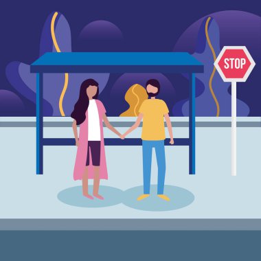 Otobüs durağındaki kadın ve erkek vektör tasarımı