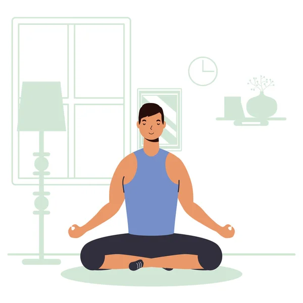 Hombre practicando actividad de yoga en la casa — Vector de stock