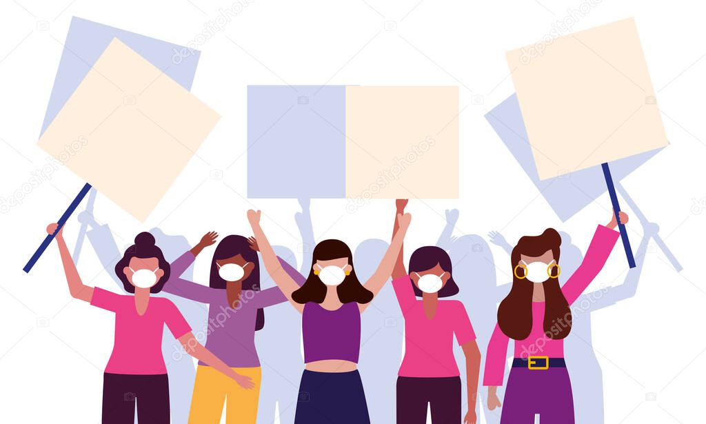 Women with medical masks and banners boards vector design