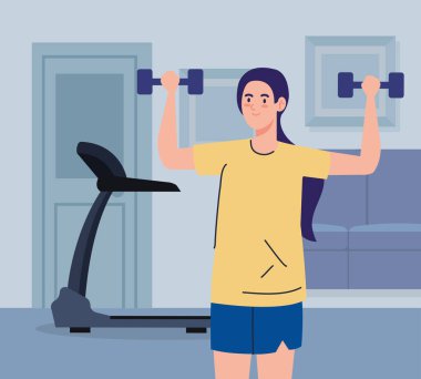 Evde egzersiz, kadın spor yapıyor, evi spor salonu olarak kullanıyor.