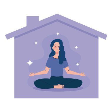 Evde kal, güvende ol, kadın meditasyonu ve ön cephe evi, Coronavirus covid 19 sırasında, karantinada kal, dikkatli ol.