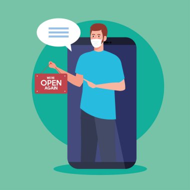 Karantinadan sonra tekrar açılacak, akıllı telefondan dükkanı yeniden açma etiketi olan adam.