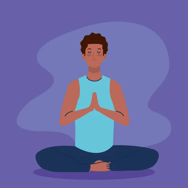 Uomo afro meditando, concetto di yoga, meditazione, relax, stile di vita sano — Vettoriale Stock