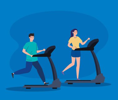 Spor, koşu bandında koşan çift, elektrik eğitim makinelerinde spor yapan insanlar.