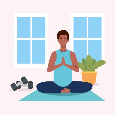 Evde kal, güvende ol, erkek afro meditasyonu, yoga meditasyonu rahatla, Coronavirus covid 19 sırasında, evde karantinada kal, dikkatli ol.
