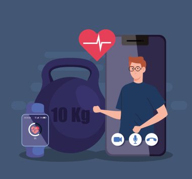 Fitness, antrenman ve egzersiz uygulaması, akıllı telefonda spor yapan adam, online spor