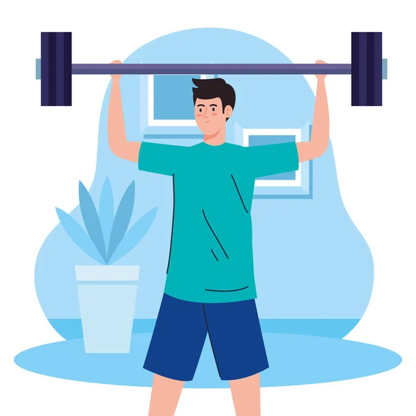 Ejercicio en casa, el hombre levantando peso, utilizando la casa como un gimnasio — Vector de stock