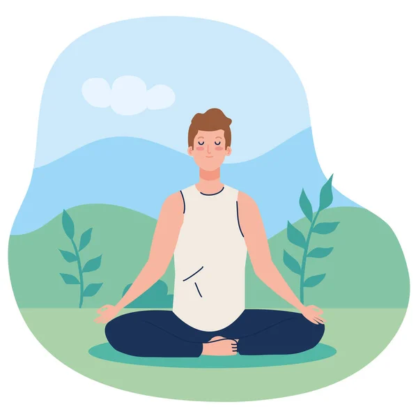 Uomo meditare, concetto di yoga, meditazione, relax, stile di vita sano nel paesaggio — Vettoriale Stock