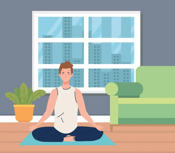 Stay home, be safe, man meditating in the living room,during coronavirus covid 19, stay at home quarantine, be careful — Stock Vector