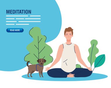 İnsan meditasyon bayrağı, yoga konsepti, meditasyon, rahatlama, manzarada sağlıklı yaşam tarzı, köpek maskotu