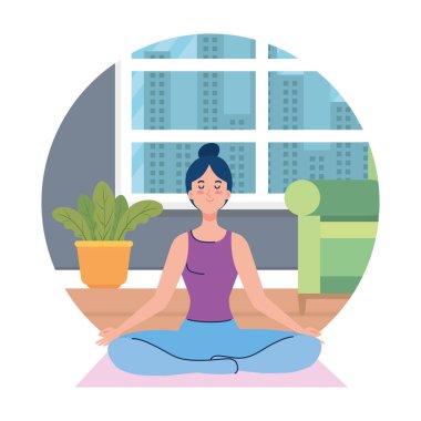 Evde kal, güvende ol, Coronavirus covid 19 sırasında meditasyon yapan kadın, karantinada kal, dikkatli ol.