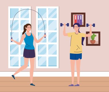 Evde egzersiz, ağırlık kaldıran ve ip atlayan kadınlar, evi spor salonu olarak kullanmak.